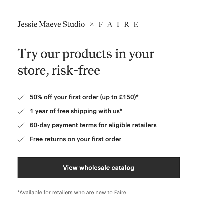 Promotional graphic for Jessie Maeve Studio's wholesale store on Faire, highlighting risk-free trial, discounts, free shipping, and flexible payment terms.